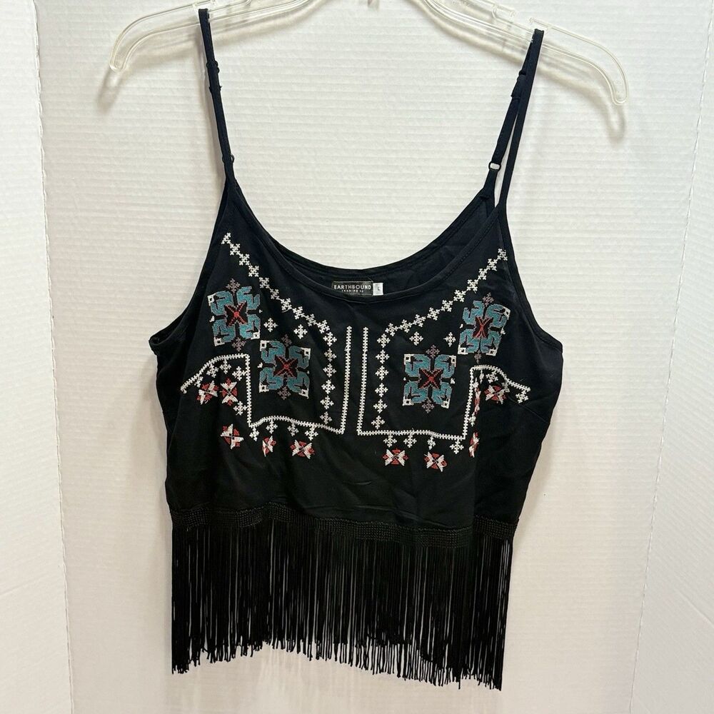 Earthbound Trading Co. Boho-Style Embroidered Fringe Tank Top Large Cropped